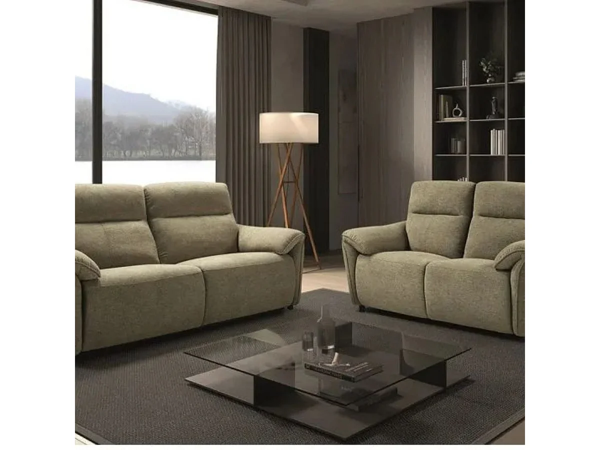 MAZARO - Canapés 3 Places Relax Electrique + 2 Places Fixe Tissu Vert Chiné