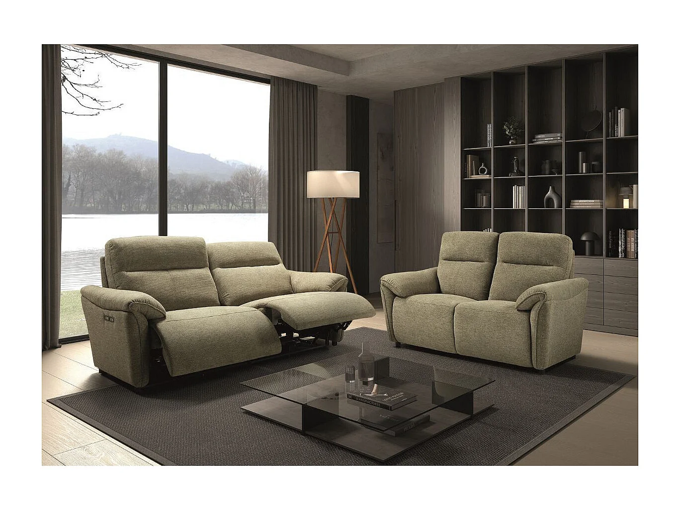 MAZARO - Canapés 3 Places Relax Electrique + 2 Places Fixe Tissu Vert Chiné