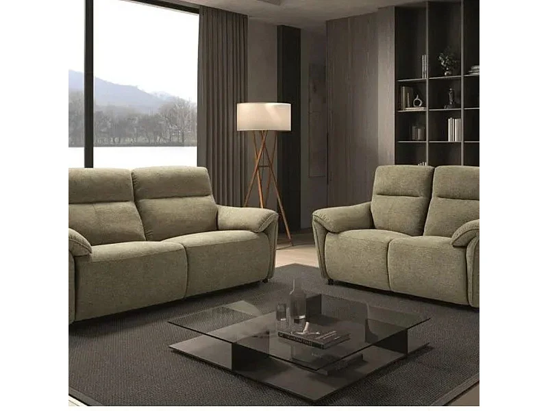 MAZARO - Canapés 3 Places Relax Electrique + 2 Places Fixe Tissu Vert Chiné