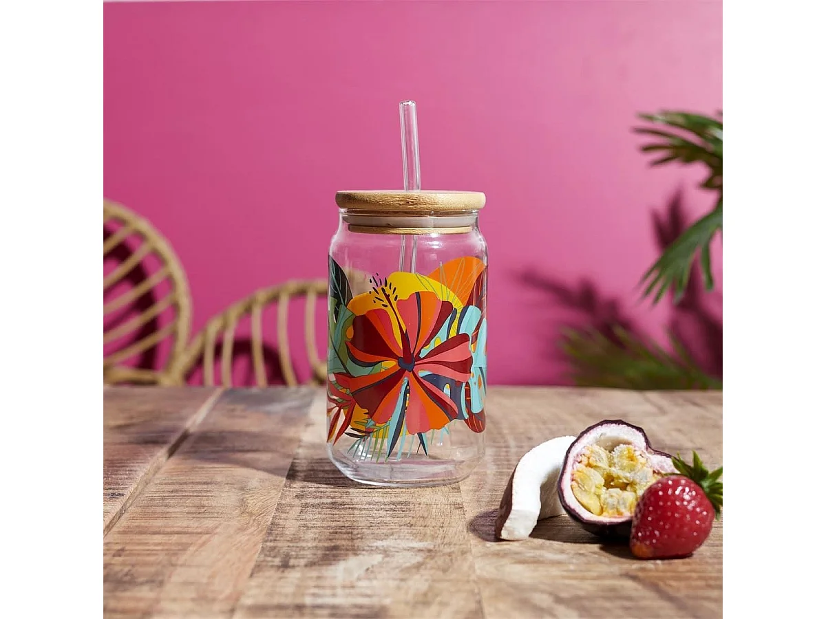 Verre de 45 cl avec couvercle en bambou et paille paradis exotique - ANTILLES