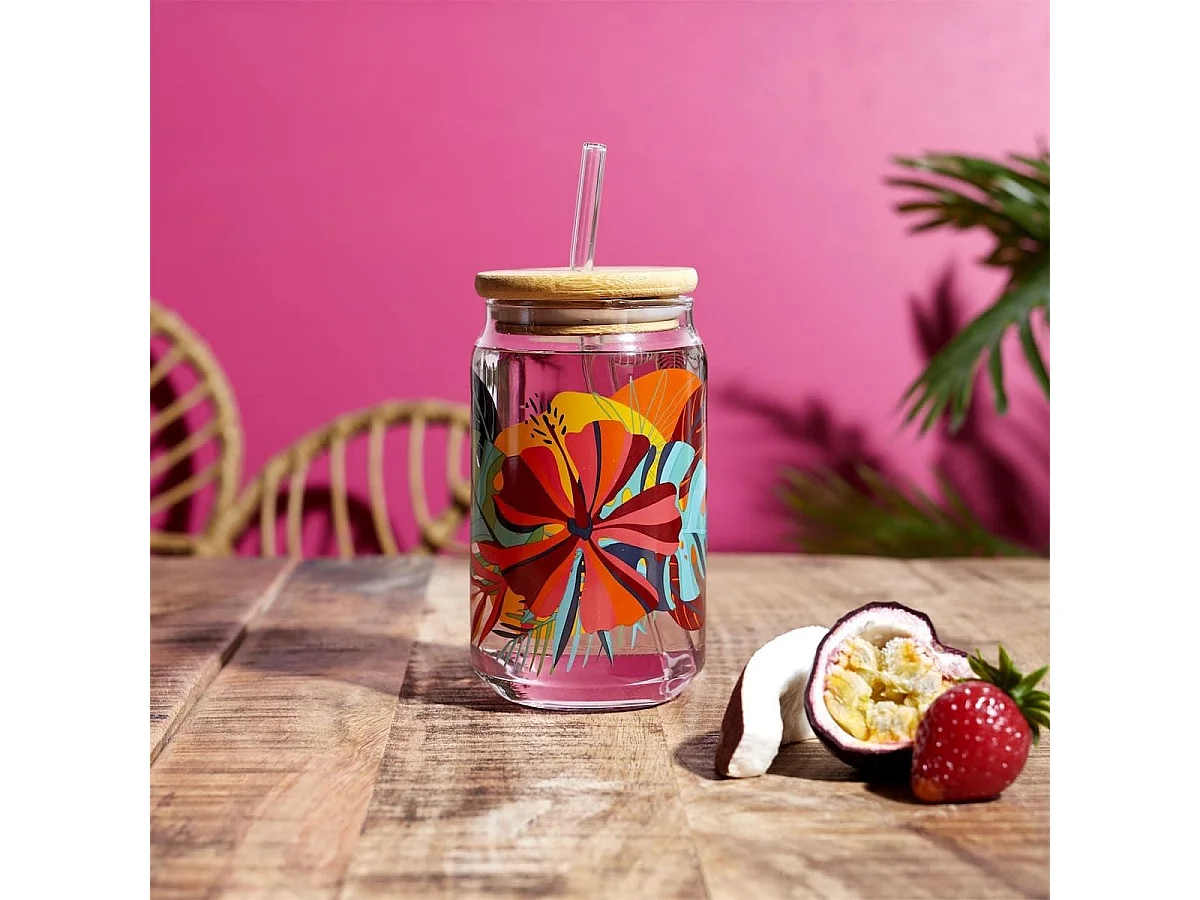 Verre de 45 cl avec couvercle en bambou et paille paradis exotique - ANTILLES