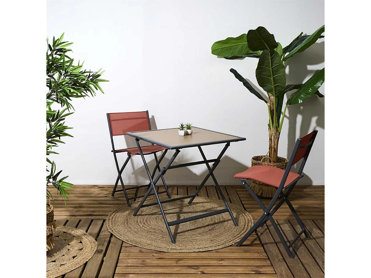 Table pliante métal laqué gris et plateau en verre trempé effet bois - BAHIANA