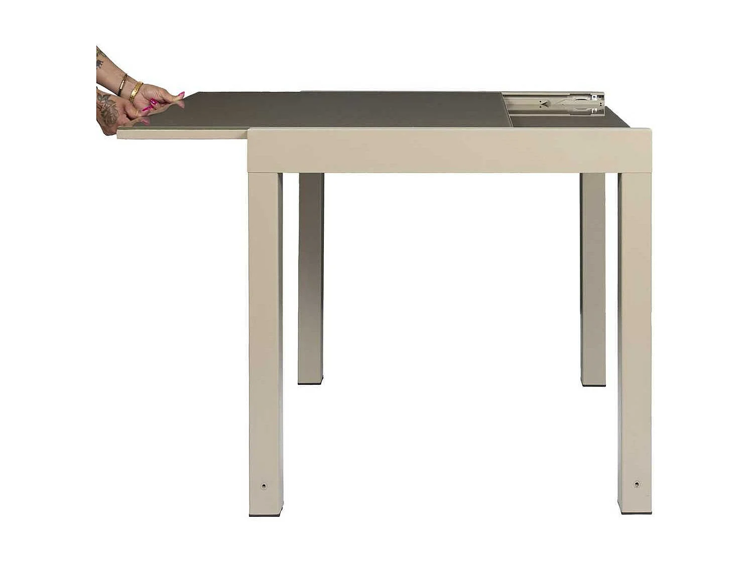 Table de jardin extensible 80x80/160 en aluminium beige et plateau en verre trempé - ARIUS