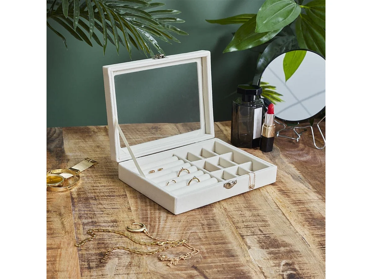 Boîte à bijoux crème intérieur feutrine et couvercle transparent