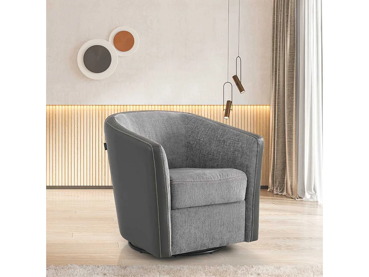 Fauteuil cabriolet pivotant 360° tissu chenillé bicolore et PVC gris - GINKO