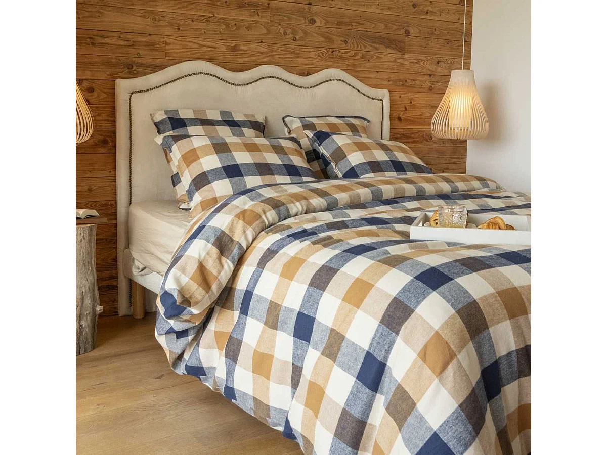 Housse de couette 240x220cm  en flanelle de coton à carreaux beige - BASTIEN