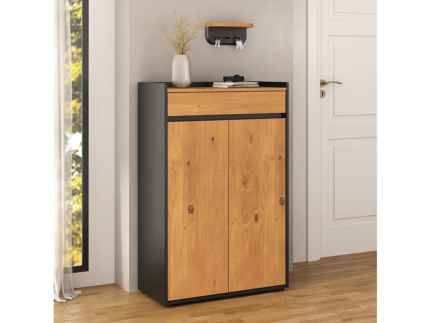 Meuble à Chaussures TILO avec 2 Portes et 1 Tiroir, en Bois Coloris Noir et Chêne, Pour 12 à 14 Paires, Rangement à Chaussures