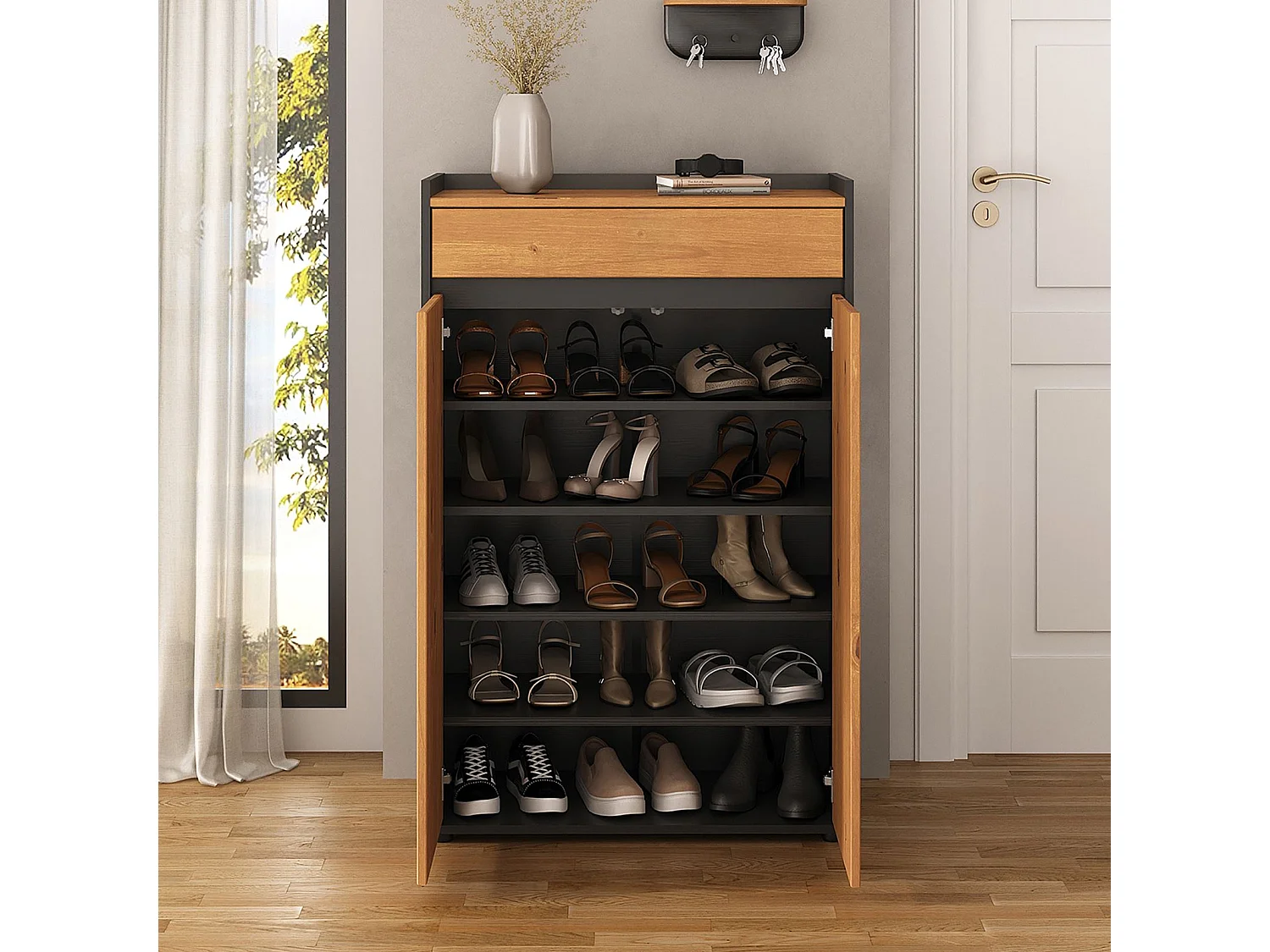 Meuble à Chaussures TILO avec 2 Portes et 1 Tiroir, en Bois Coloris Noir et Chêne, Pour 12 à 14 Paires, Rangement à Chaussures