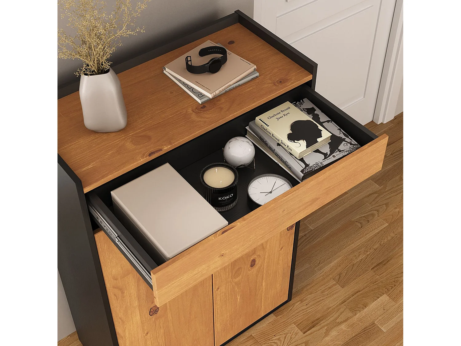 Meuble à Chaussures TILO avec 2 Portes et 1 Tiroir, en Bois Coloris Noir et Chêne, Pour 12 à 14 Paires, Rangement à Chaussures