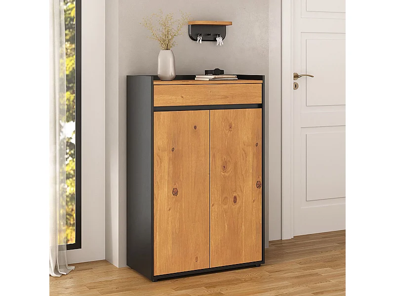 Meuble à Chaussures TILO avec 2 Portes et 1 Tiroir, en Bois Coloris Noir et Chêne, Pour 12 à 14 Paires, Rangement à Chaussures