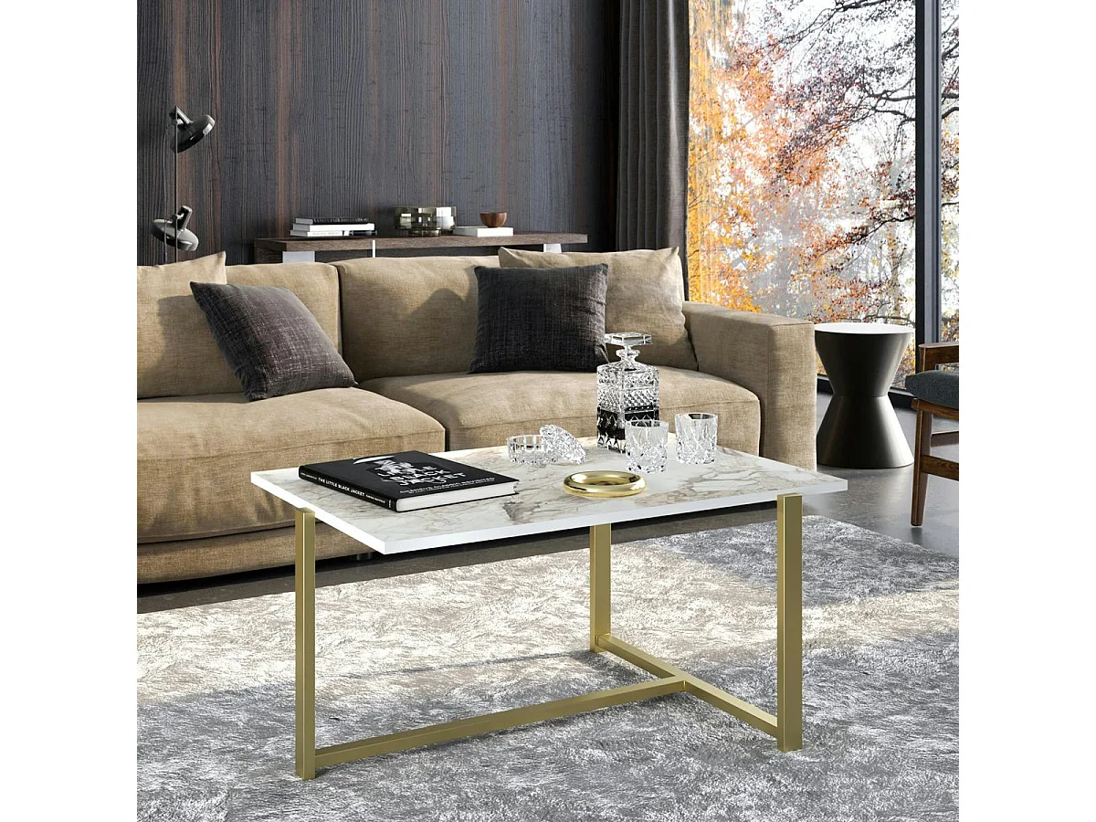 Table basse rectangulaire effet marbre pied en T doré MARFA