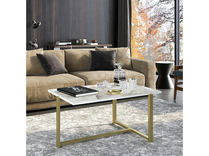 Table basse rectangulaire effet marbre pied en T doré MARFA