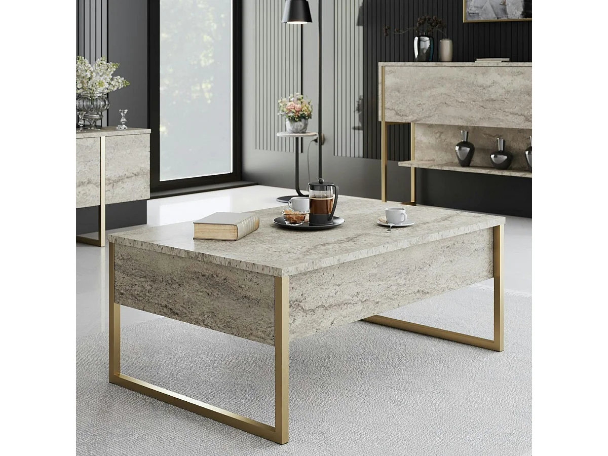 Table basse rectangulaire effet travertin, pieds dorés JENA