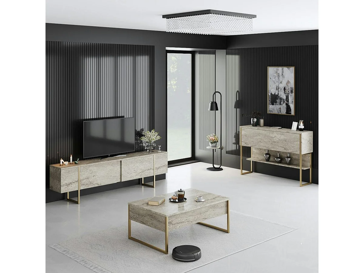 Table basse rectangulaire effet travertin, pieds dorés JENA