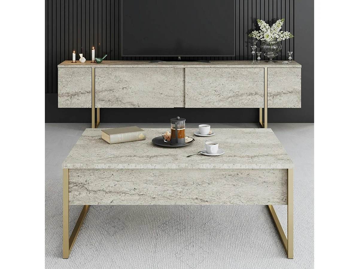 Table basse rectangulaire effet travertin, pieds dorés JENA