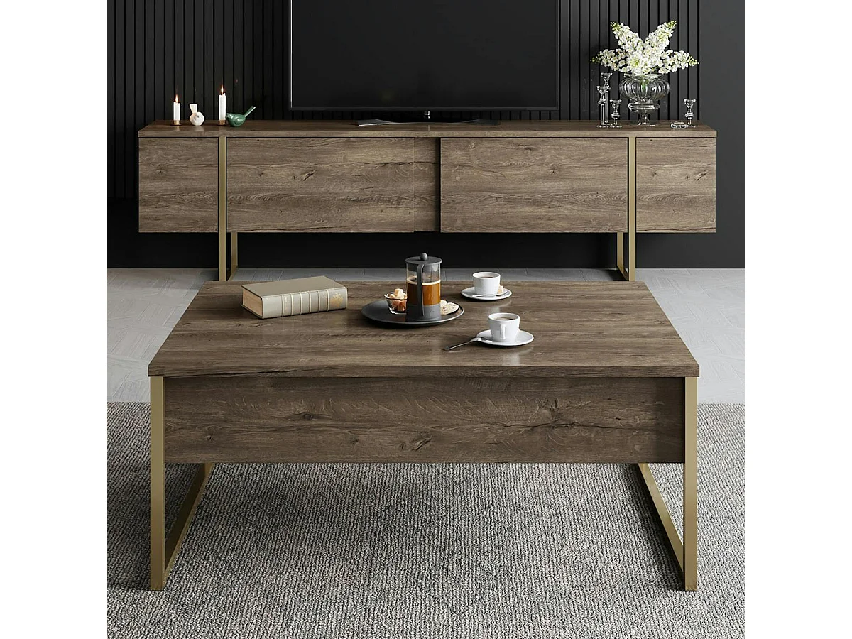 Table basse rectangulaire effet bois foncé, pieds dorés JENA