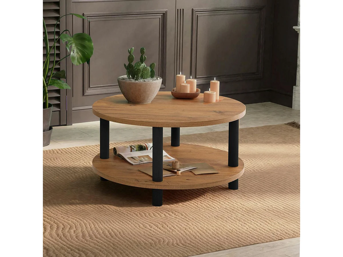 Table basse ronde double plateau effet pin détail noir MARFA