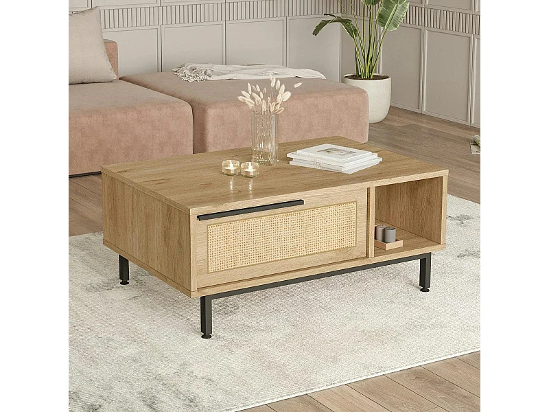 Table basse cannage et effet bois clair, avec niches JENA