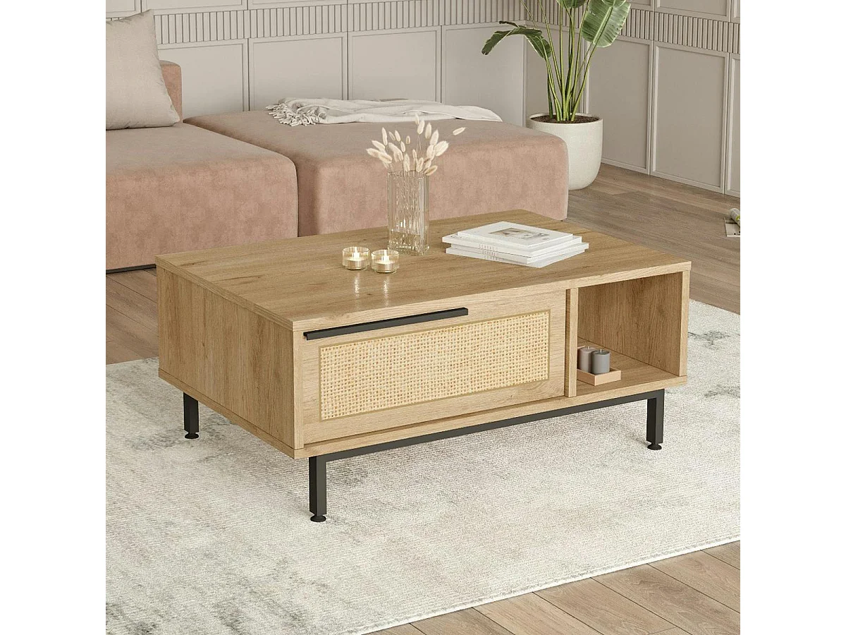 Table basse cannage et effet bois clair, avec niches JENA