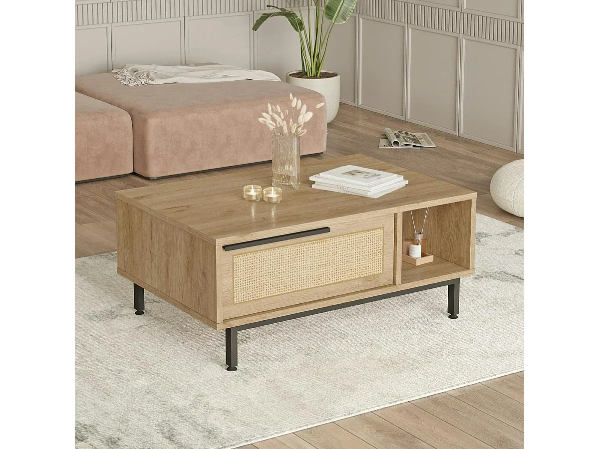 Table basse cannage et effet bois clair, avec niches JENA