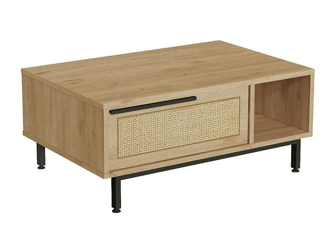 Table basse cannage et effet bois clair, avec niches JENA