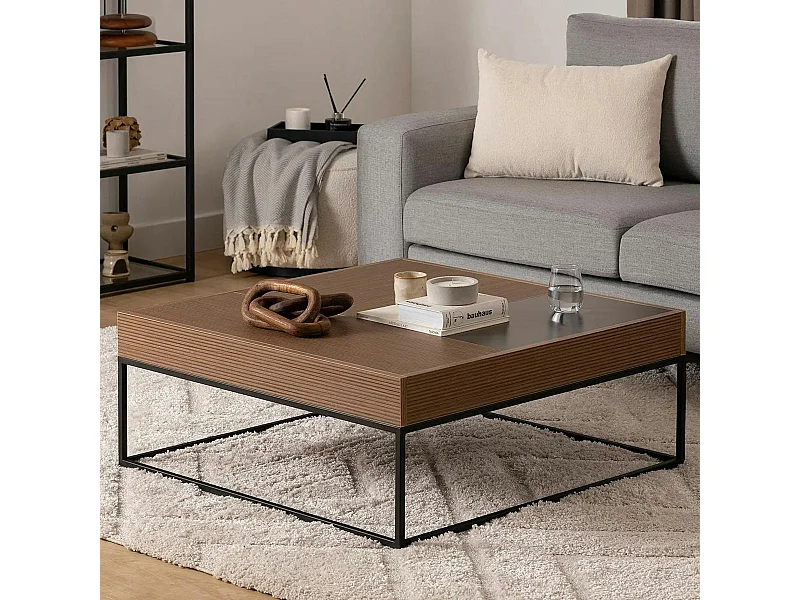 Table basse design carrée effet noyer & anthracite JENA