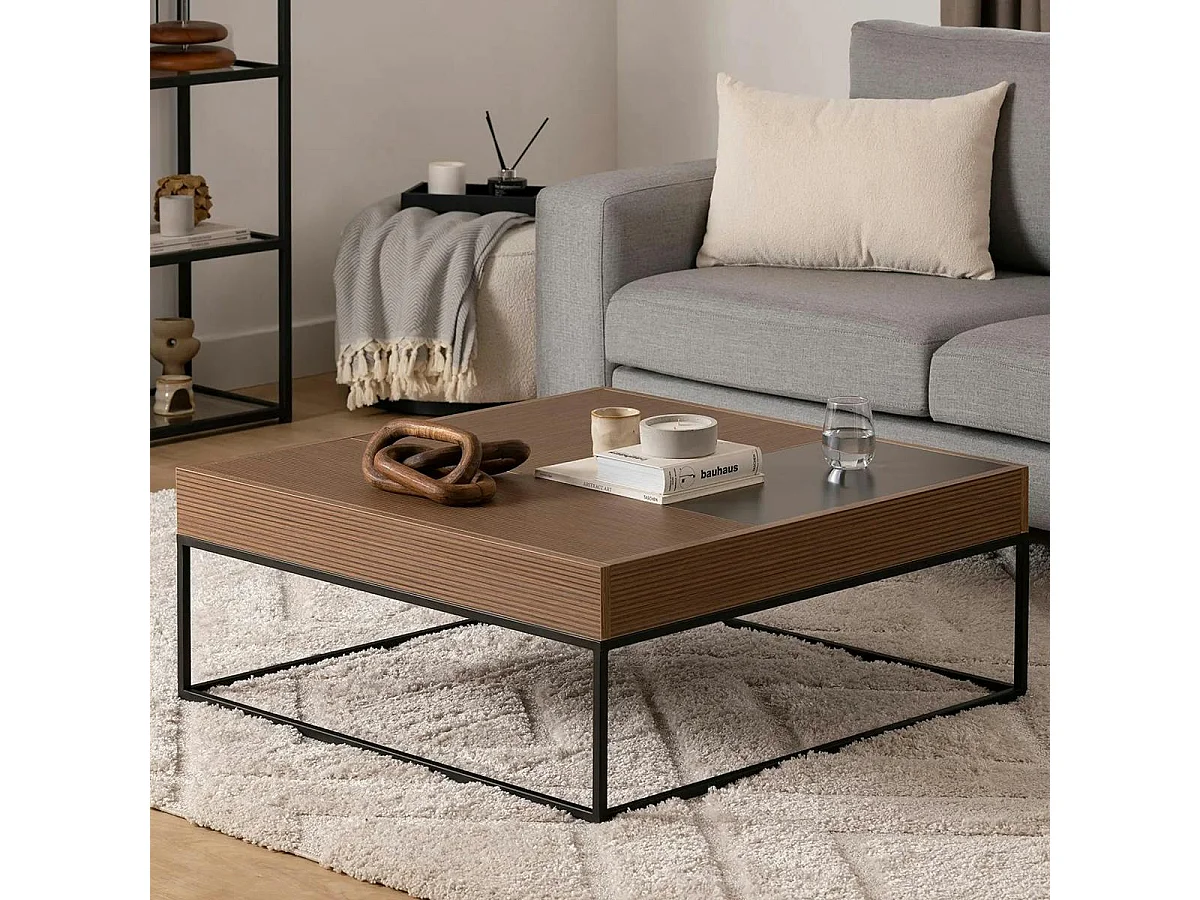 Table basse design carrée effet noyer & anthracite JENA