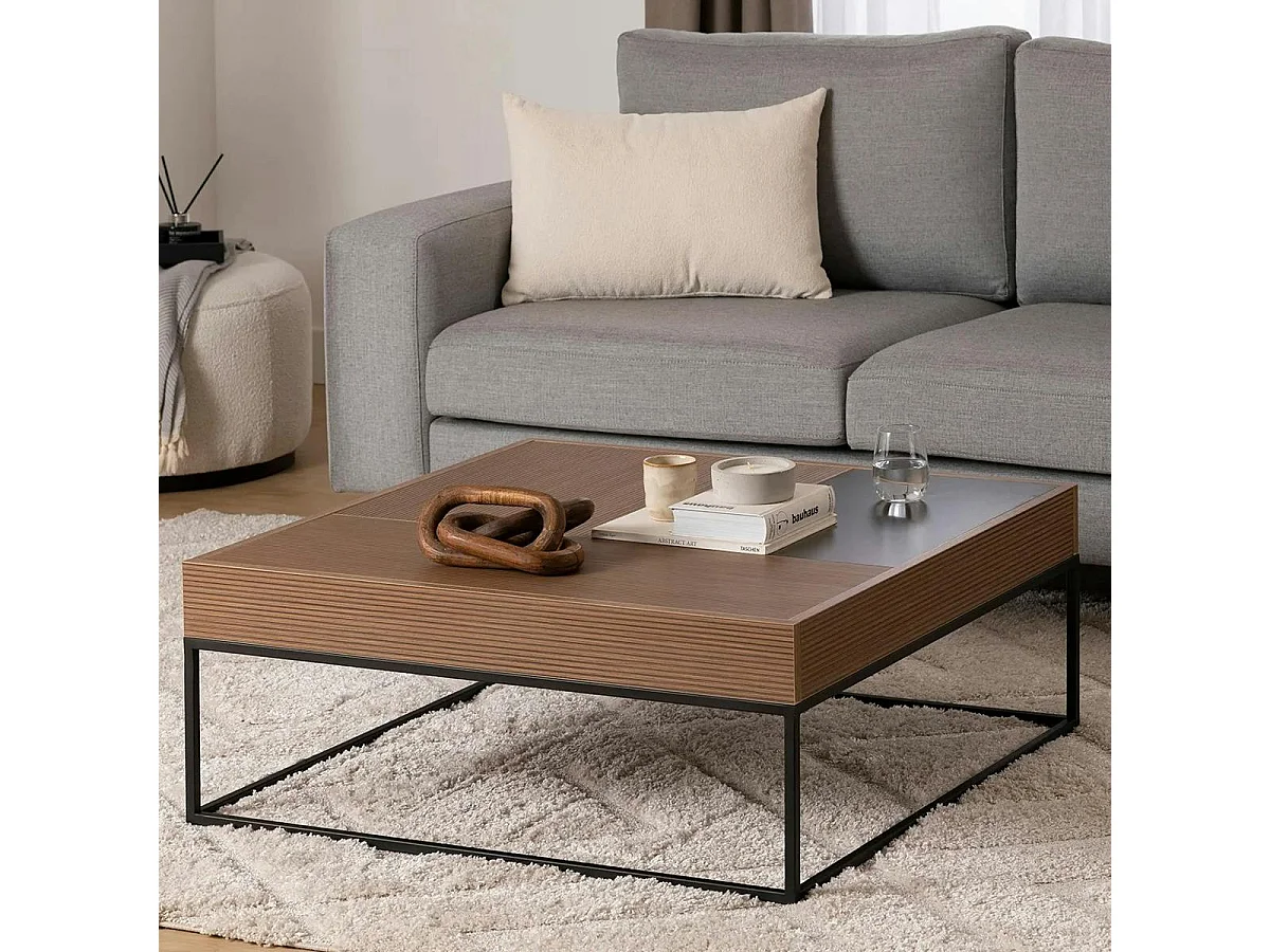 Table basse design carrée effet noyer & anthracite JENA