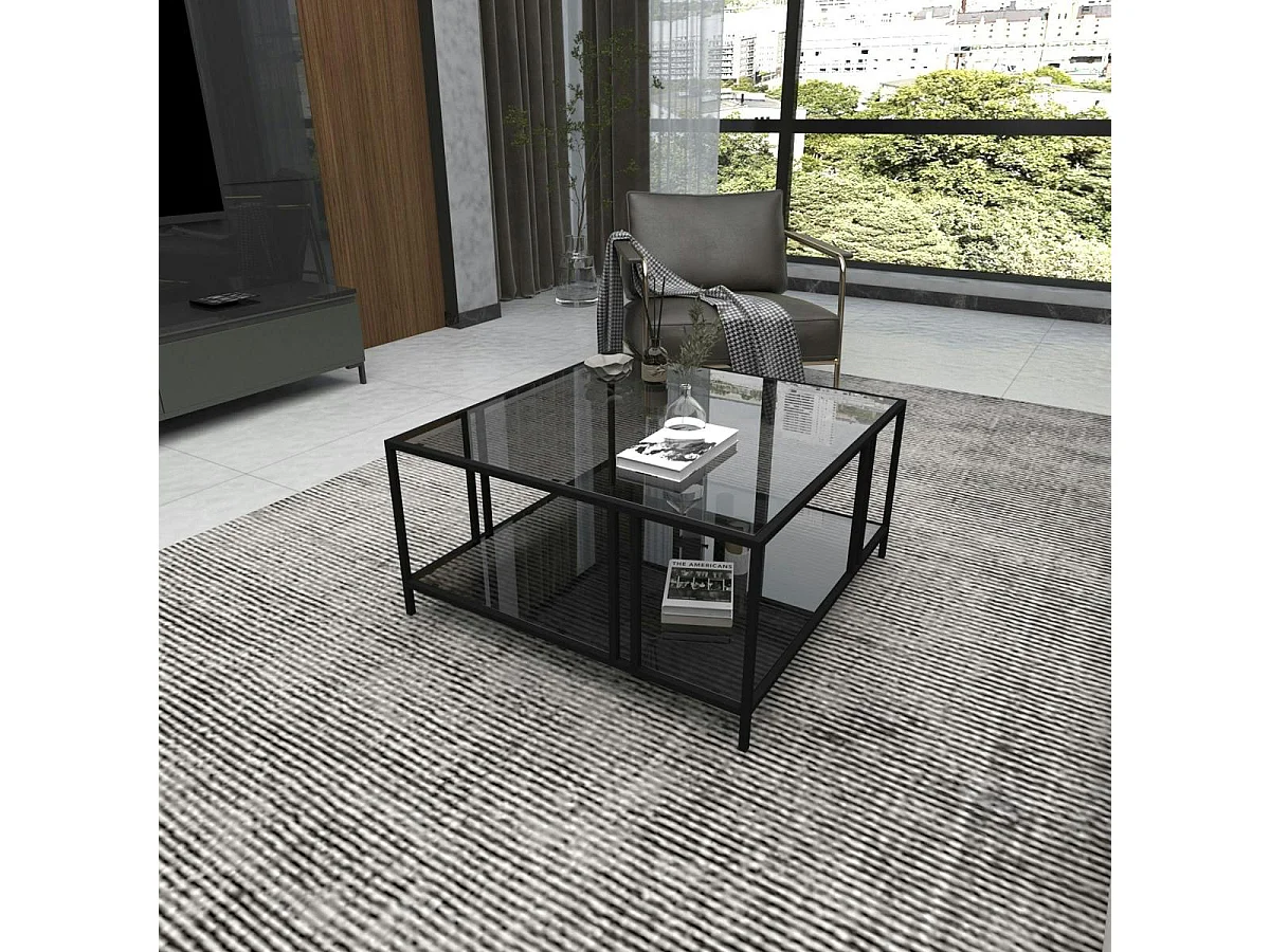 Table basse en verre fumé carrée, double plateau TULUM