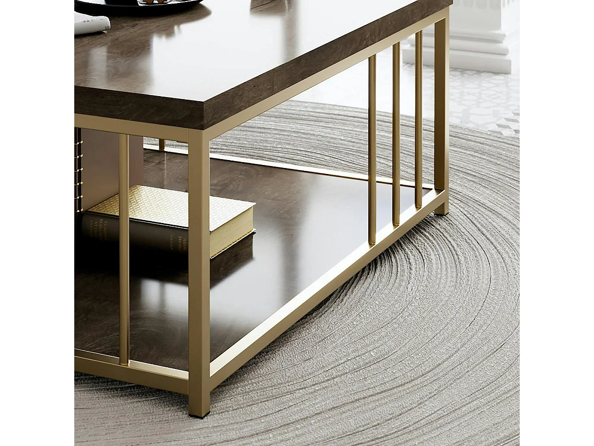 Table basse carrée effet bois foncé & structure dorée JENA