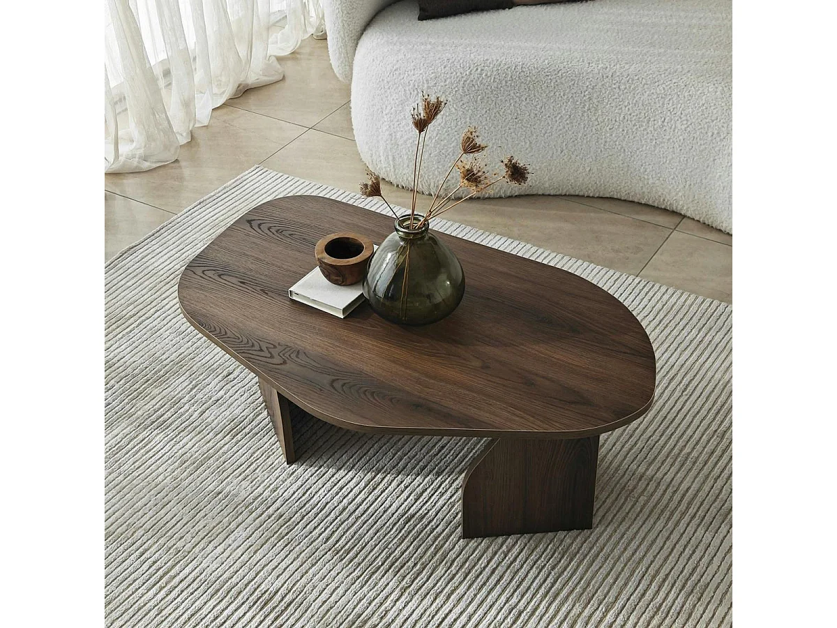 Table basse design effet bois foncé, forme galet MARFA