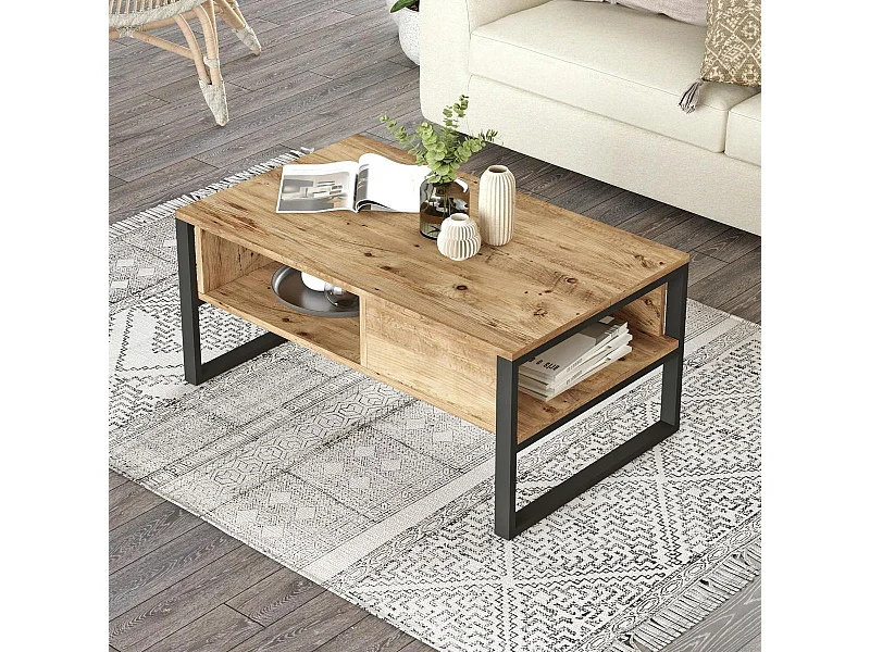 Table basse rectangulaire effet pin et niches rangement JENA