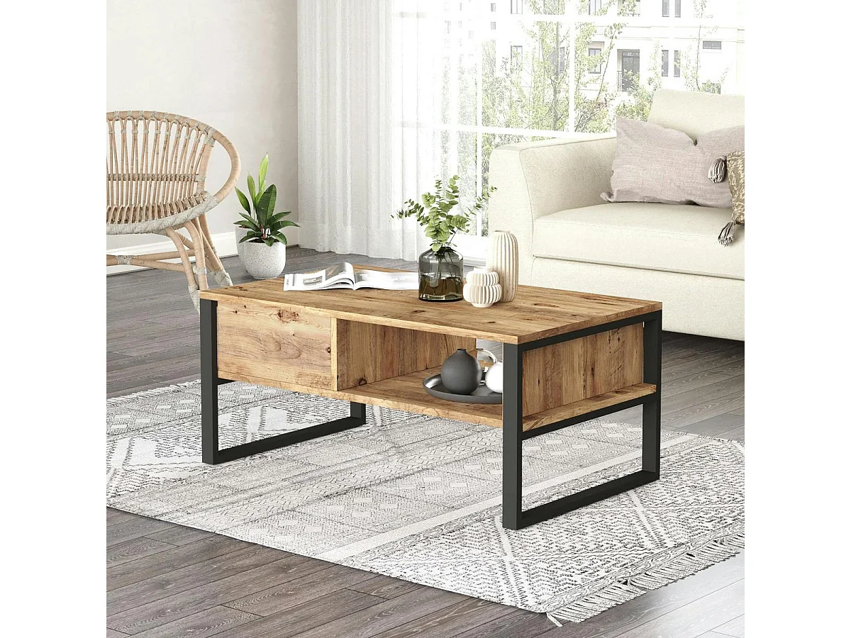 Table basse rectangulaire effet pin et niches rangement JENA