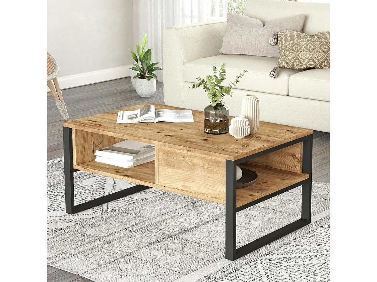 Table basse rectangulaire effet pin et niches rangement JENA