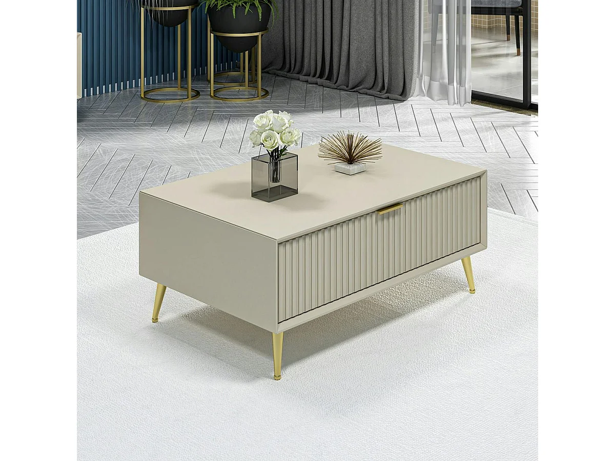 Table basse rectangulaire beige, 1 niche rainurée fermée JENA