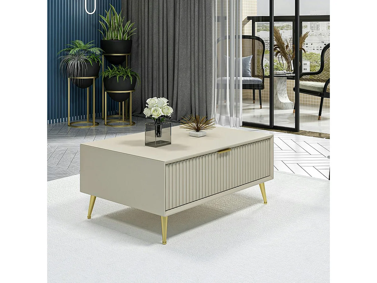 Table basse rectangulaire beige, 1 niche rainurée fermée JENA