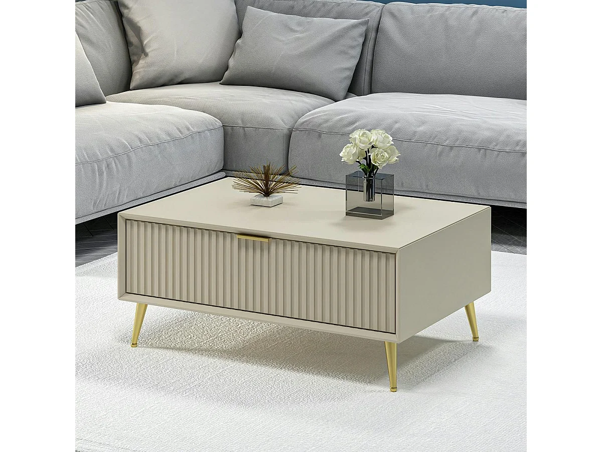 Table basse rectangulaire beige, 1 niche rainurée fermée JENA