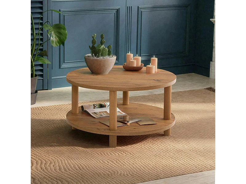 Table basse ronde double plateau effet bois de pin MARFA