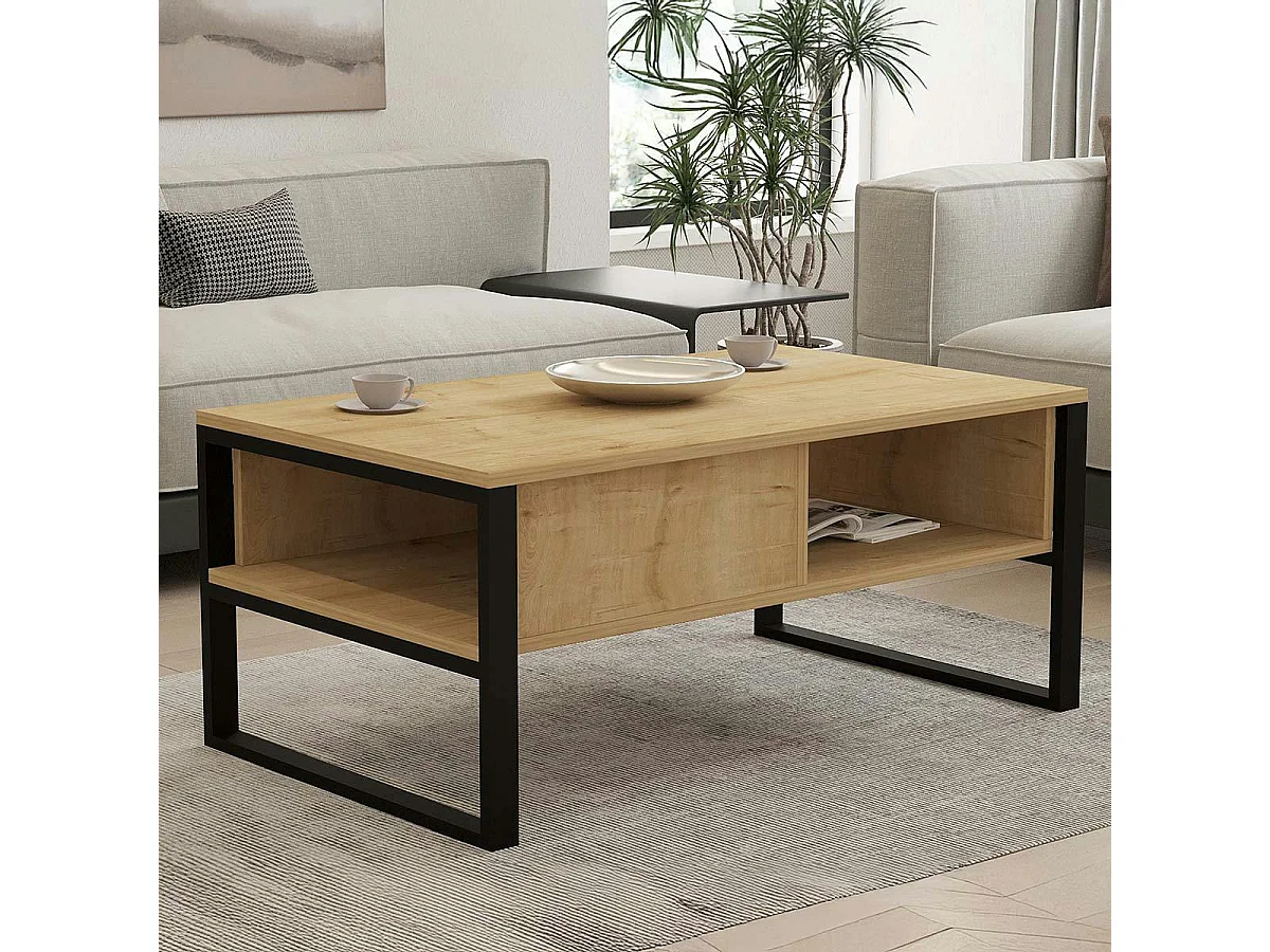 Table basse moderne effet bois clair avec niches JENA