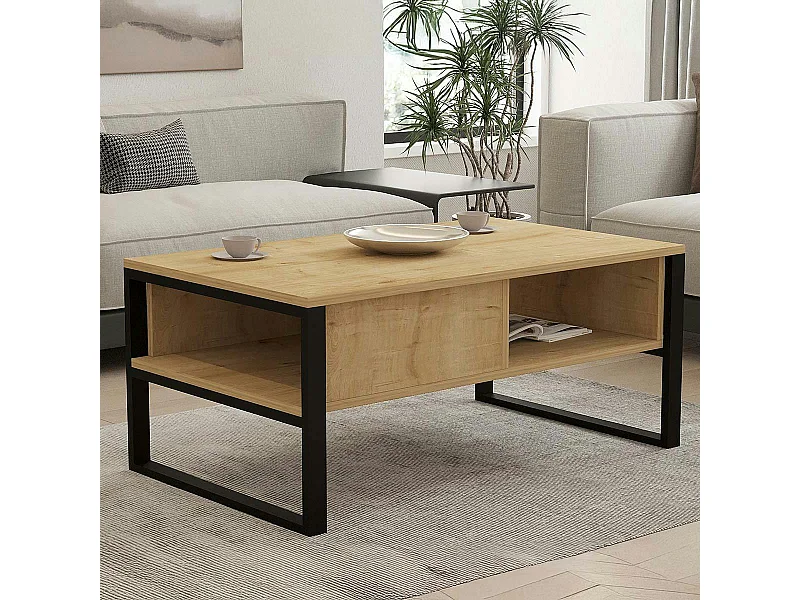 Table basse moderne effet bois clair avec niches JENA