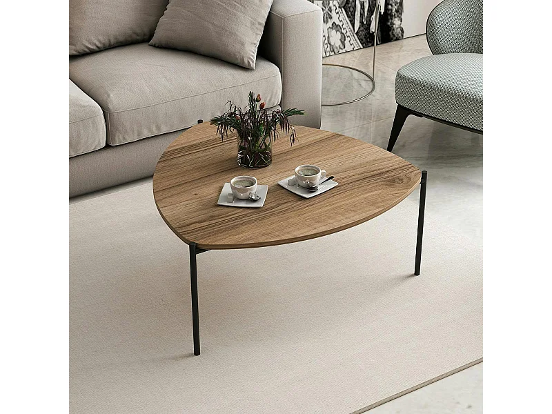 Table basse métal et effet noyer, triangle organique JENA