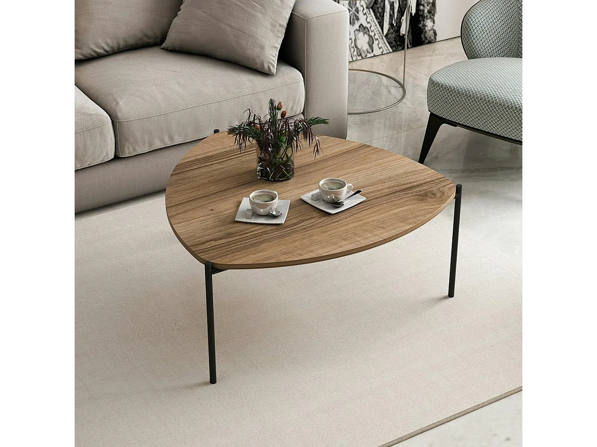 Table basse métal et effet noyer, triangle organique JENA