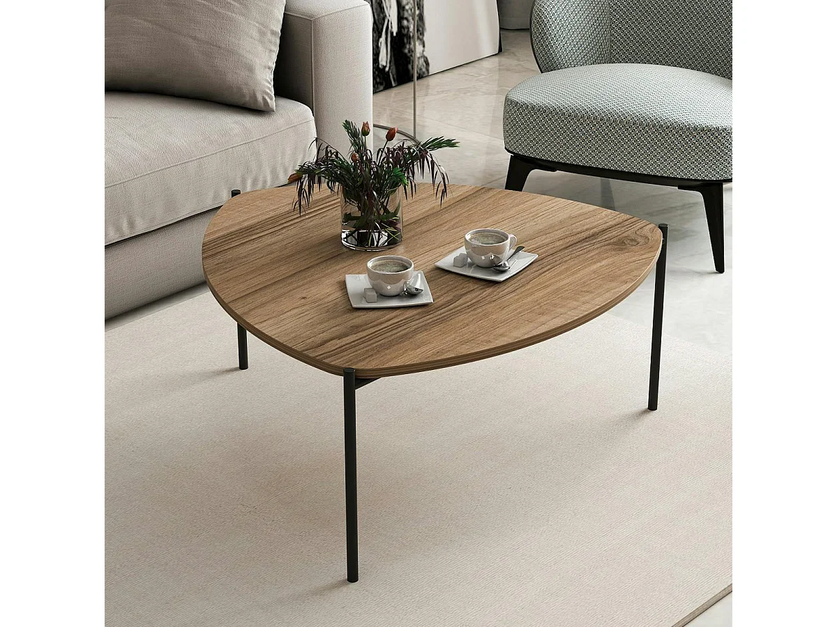 Table basse métal et effet noyer, triangle organique JENA