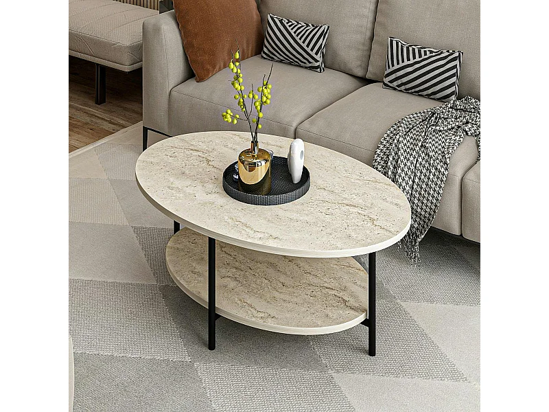 Table basse ovale double plateau effet travertin JENA