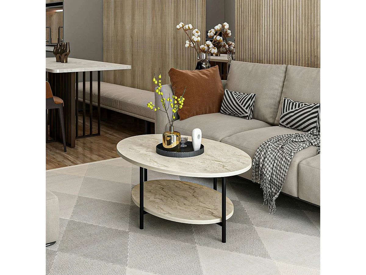 Table basse ovale double plateau effet travertin JENA