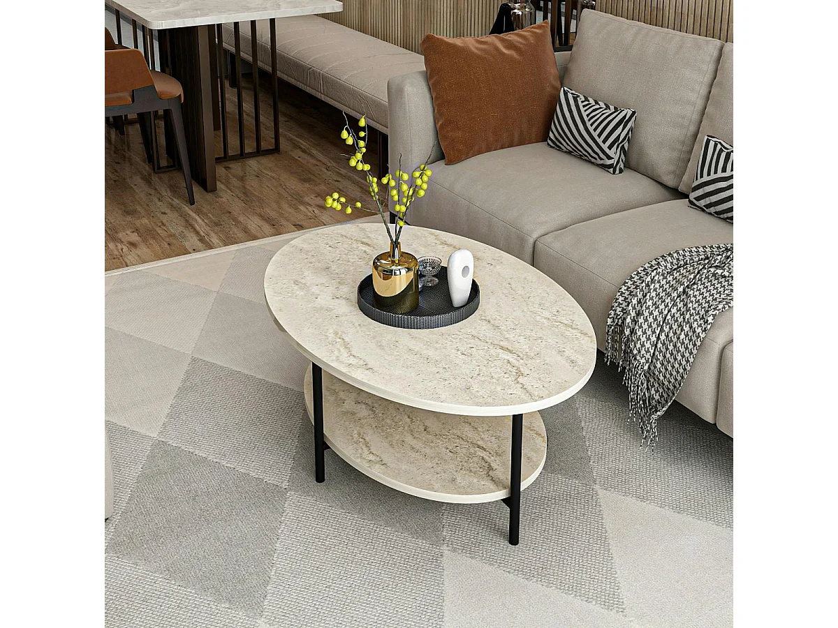 Table basse ovale double plateau effet travertin JENA