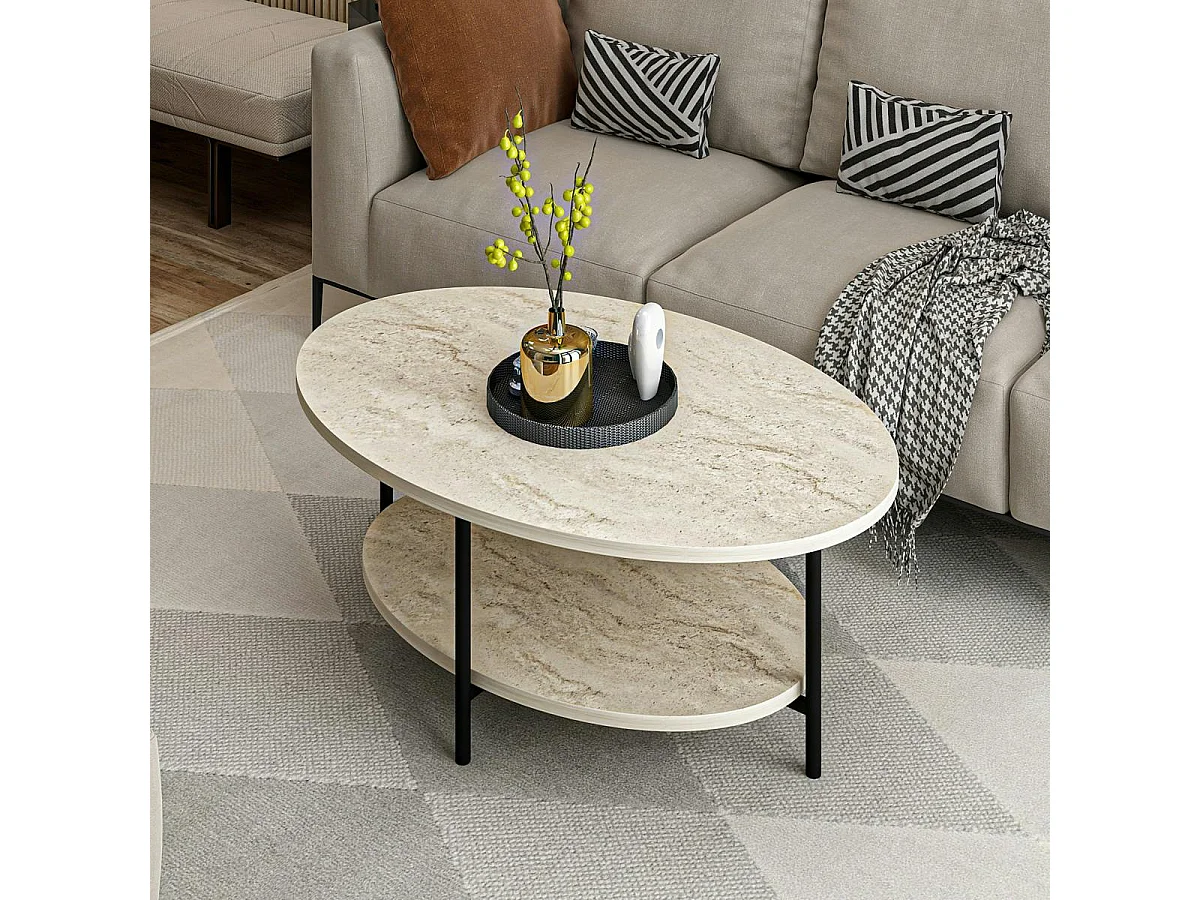 Table basse ovale double plateau effet travertin JENA