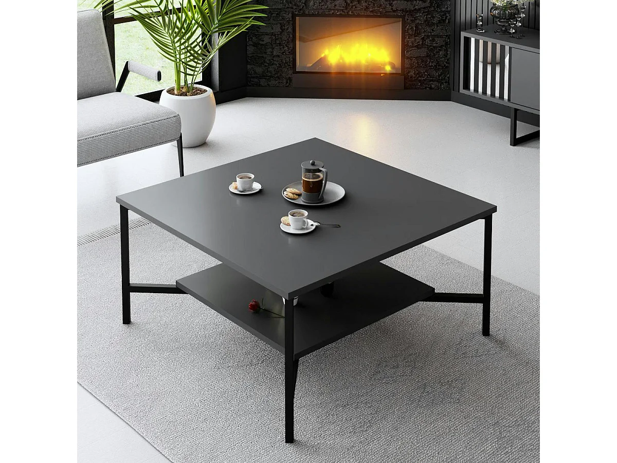 Table basse carrée anthracite, 2 plateaux pieds noirs JENA