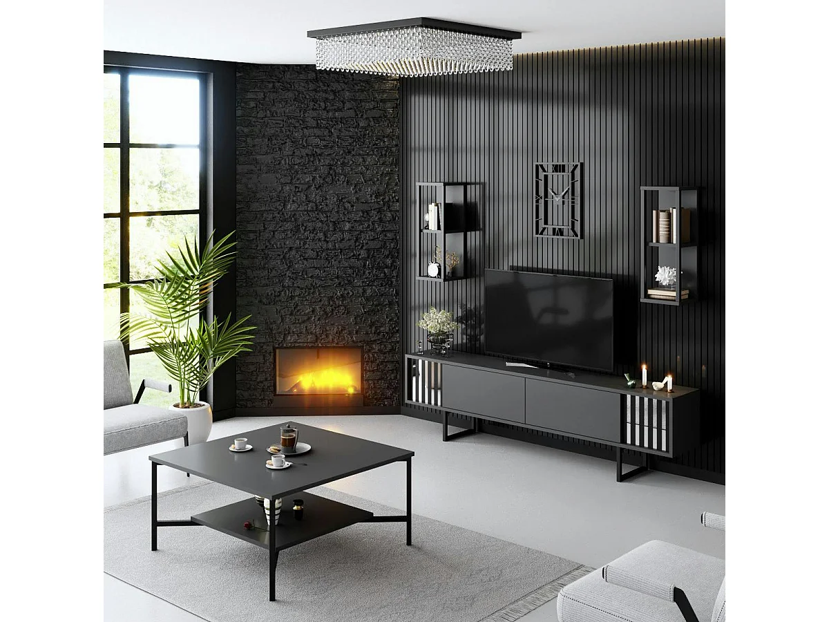 Table basse carrée anthracite, 2 plateaux pieds noirs JENA