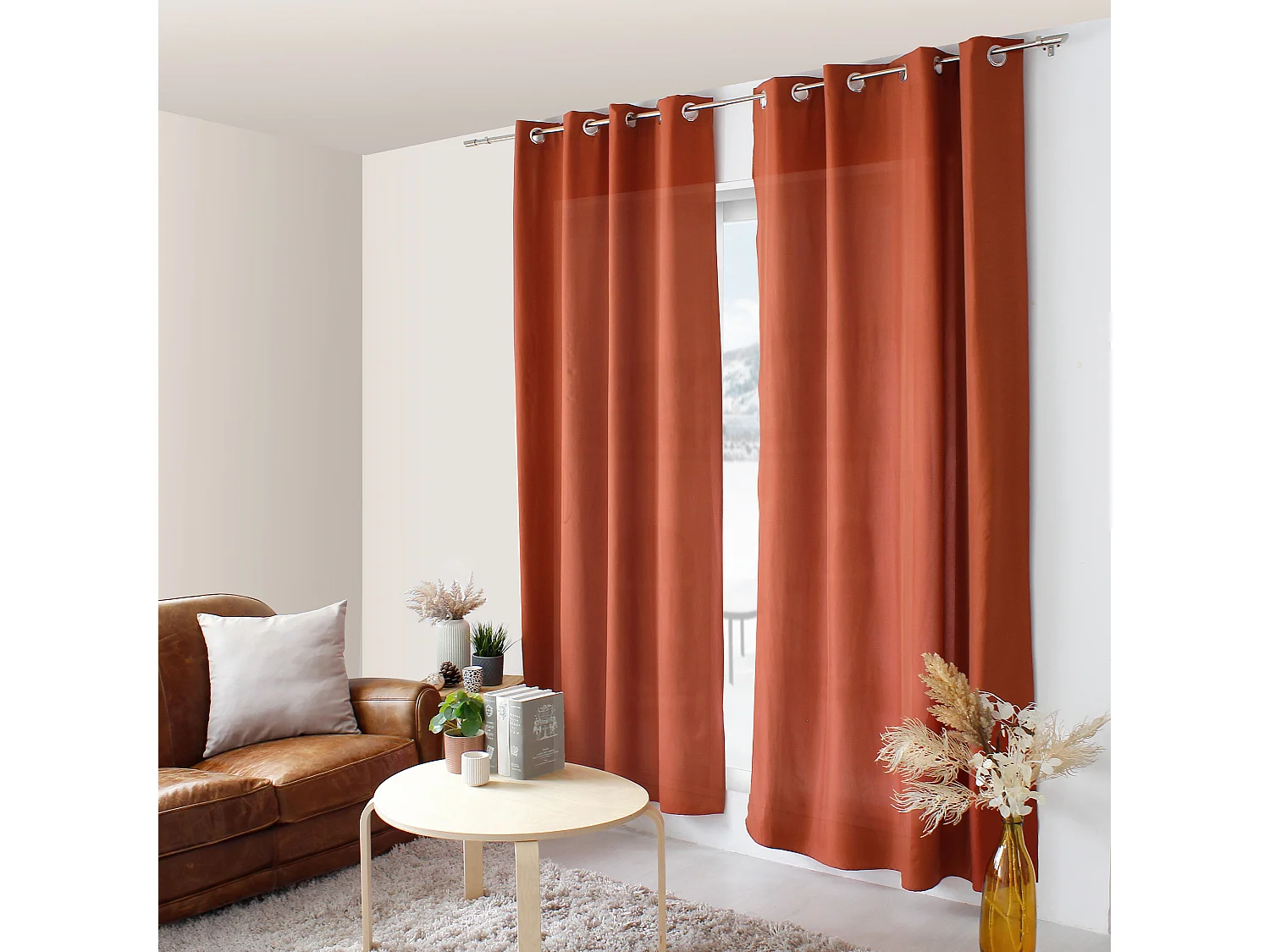 Lot de 2 rideaux avec œillets, terre cuite, 140x240cm, 100% polyester, Collection ZOE